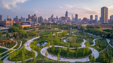 An aerial view of a newly constructed urban park in Chicago, showcasing winding paths, lush greenery, and a stunning view of the city skyline - Powered by Adobe