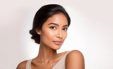 Beautiful Latin woman set against a white background highlights her natural beauty and elegance, making it ideal for use in advertising, magazines, and promotional events