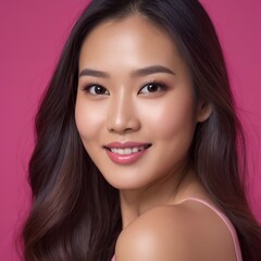 Fototapeta premium Pretty Asian beauty woman long hair with japanese makeup glowing face and healthy facial skin portrait smile on isolated light fuchsia background