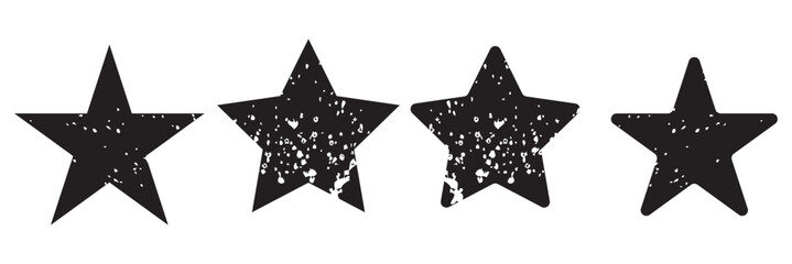 Star icons with grunge texture set. Vintage retro style. Design elements. Black silhouette, isolated on white and black background. Grungy artistic template. Distressed symbol. Paint brush. vector