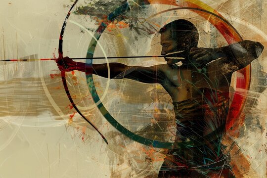 Abstract Archer Form with Olympic Rings Representing Focus, Precision, and Strength - Art Design for Posters and Cards