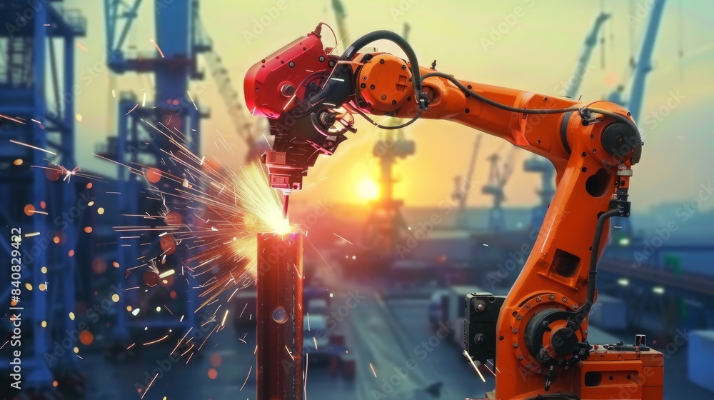 Poster automated robotic arm performing welding tasks at a construction site with sparks flying in the even