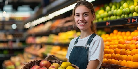 A Caucasian saleswoman in a grocery store is looking at the camera with a smile, holding a fruit basket and restocking fruit on the shelf, Generative AI