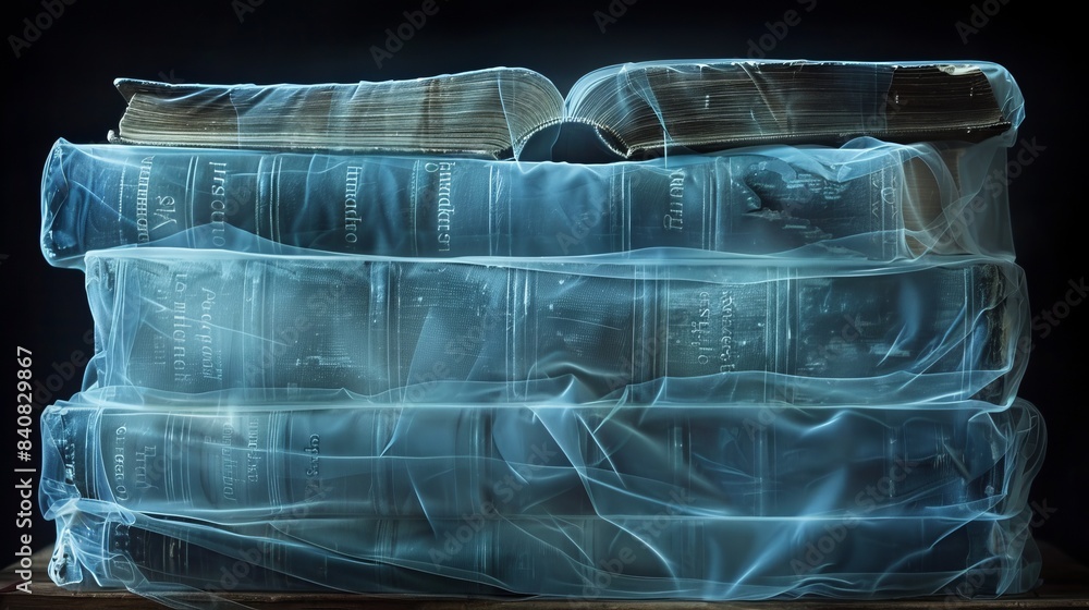 Aufkleber x-ray scan of a stack of books, showing the layers of pages and the spines of the books.