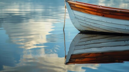 A wooden rowboat sits peacefully on the calm surface of a lake, its reflection mirroring the gentle ripples and cloudy sky above - Powered by Adobe