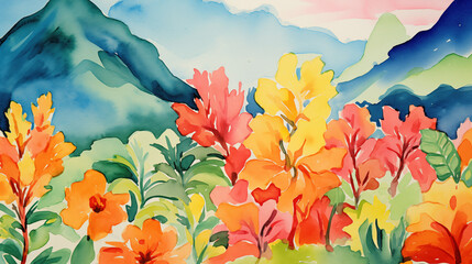 Watercolor abstract vibrant mountain landscape with flowers