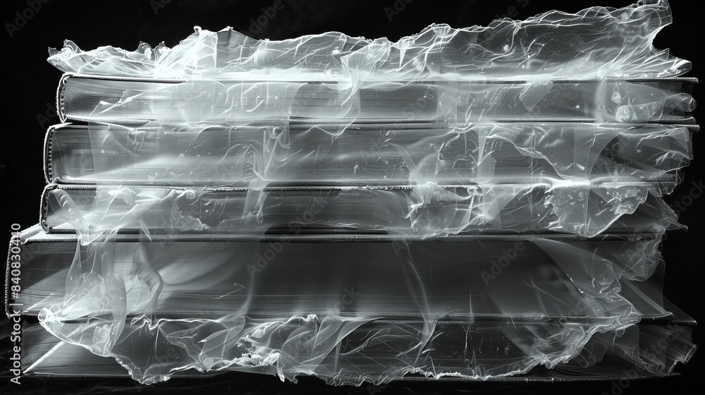 Poster x-ray scan of a stack of books, showing the layers of pages and the spines of the books.