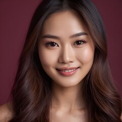 Obraz premium Pretty Asian beauty woman long hair with japanese makeup glowing face and healthy facial skin portrait smile on isolated wine red background