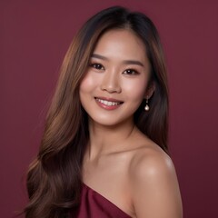 Naklejka premium Pretty Asian beauty woman long hair with japanese makeup glowing face and healthy facial skin portrait smile on isolated wine red background