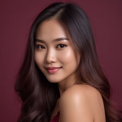 Obraz premium Pretty Asian beauty woman long hair with japanese makeup glowing face and healthy facial skin portrait smile on isolated wine red background