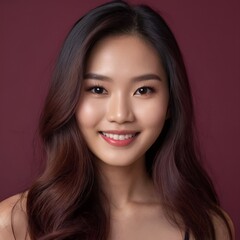 Naklejka premium Pretty Asian beauty woman long hair with japanese makeup glowing face and healthy facial skin portrait smile on isolated wine red background
