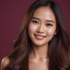 Naklejka premium Pretty Asian beauty woman long hair with japanese makeup glowing face and healthy facial skin portrait smile on isolated wine red background