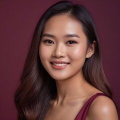 Fototapeta premium Pretty Asian beauty woman long hair with japanese makeup glowing face and healthy facial skin portrait smile on isolated wine red background