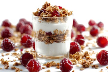 Parfait with granola, yogurt, and raspberries, showcasing a healthy, sweet treat in a bright, vibrant setting perfect for a nutritious lifestyle