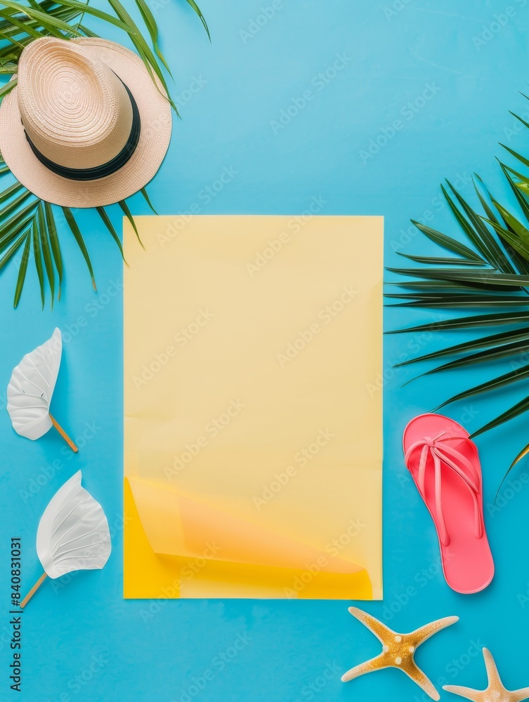 Wall mural Summer paper frame. vibrant summer-themed flat lay featuring an blank sheet of paper on a soft background, surrounded by tropical leaves, pink and yellow flowers, strawberries, and watermelon slices.