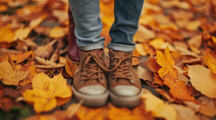Couple Man and Woman Feet in Love Romantic Outdoor with Autumn leaves on background Lifestyle Fashion concept 