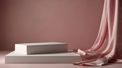 White rectangular pedestal on a pink satin fabric background with copy space. Product display platform mockup with a luxury and fashion concept. High quality photo