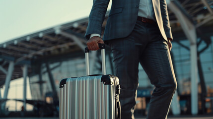 A focused business traveler strides through the bustling airport, confidently pulling their sleek suitcase, ready for their next professional endeavor.