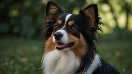 Close-up portrait of a beautiful purebred Papillon dog with black, white, and tan colors, set against a green outdoor background