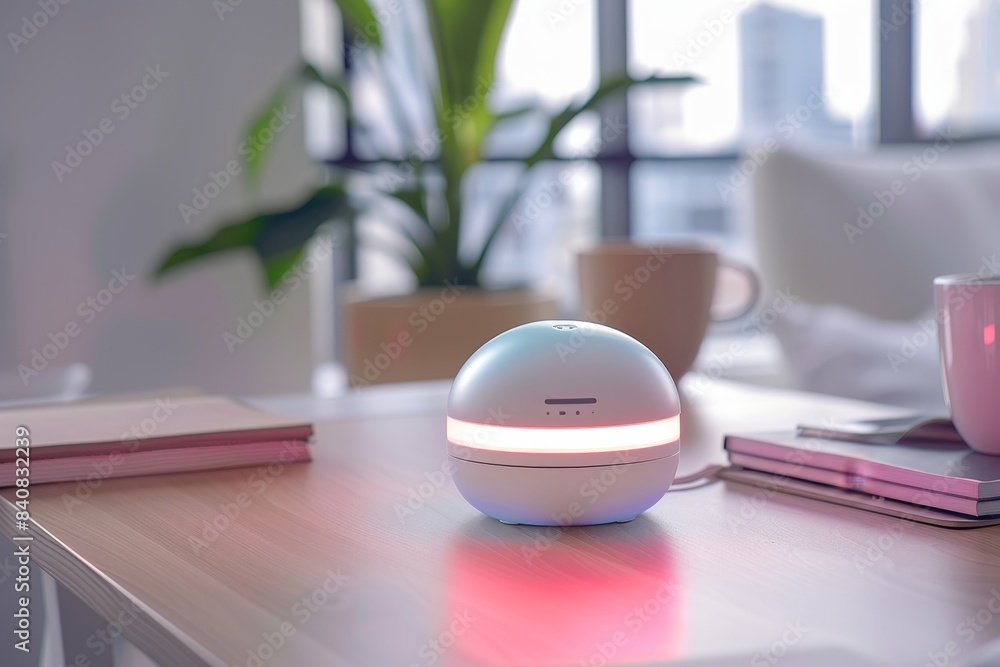 Poster a digital assistant device on a desk, responding to voice commands, illustrating the everyday use of
