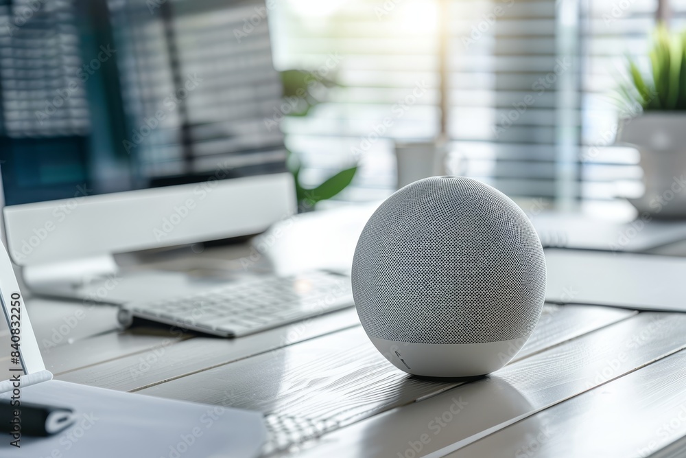 Poster a digital assistant device on a desk, responding to voice commands, illustrating the everyday use of