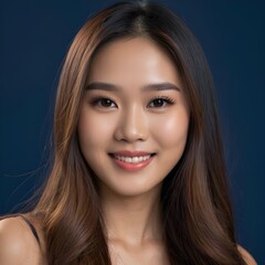 Fototapeta premium Pretty Asian beauty woman long hair with japanese makeup glowing face and healthy facial skin portrait smile on isolated dark blue background