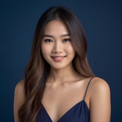 Obraz premium Pretty Asian beauty woman long hair with japanese makeup glowing face and healthy facial skin portrait smile on isolated dark blue background