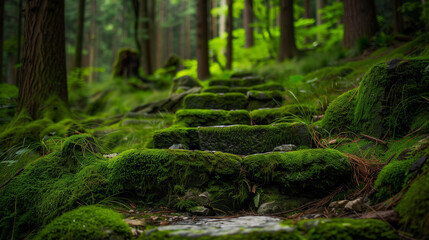 Fototapeta premium Old stone trail in the forest, covered with a layer of moss. The stones create a picturesque path that winds among the trees, introducing a magical atmosphere of nature and peace.