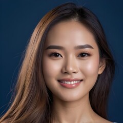 Fototapeta premium Pretty Asian beauty woman long hair with japanese makeup glowing face and healthy facial skin portrait smile on isolated dark blue background