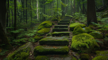 Old stone trail in the forest, covered with a layer of moss. The stones create a picturesque path that winds among the trees, introducing a magical atmosphere of nature and peace.