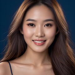 Obraz premium Pretty Asian beauty woman long hair with japanese makeup glowing face and healthy facial skin portrait smile on isolated dark blue background