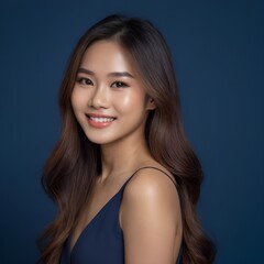 Obraz premium Pretty Asian beauty woman long hair with japanese makeup glowing face and healthy facial skin portrait smile on isolated dark blue background