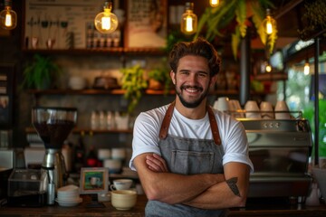 Barista standing in dimly lit coffee shop