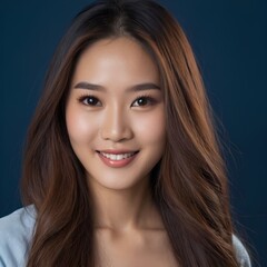 Fototapeta premium Pretty Asian beauty woman long hair with japanese makeup glowing face and healthy facial skin portrait smile on isolated dark blue background