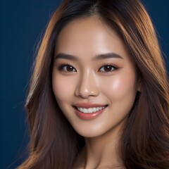 Fototapeta premium Pretty Asian beauty woman long hair with japanese makeup glowing face and healthy facial skin portrait smile on isolated dark blue background