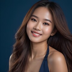 Fototapeta premium Pretty Asian beauty woman long hair with japanese makeup glowing face and healthy facial skin portrait smile on isolated dark blue background