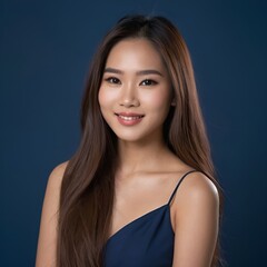 Obraz premium Pretty Asian beauty woman long hair with japanese makeup glowing face and healthy facial skin portrait smile on isolated dark blue background