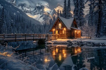 Fototapeta premium Photo of the tiny cabin in front, an emerald lake at night with snow and reflection 