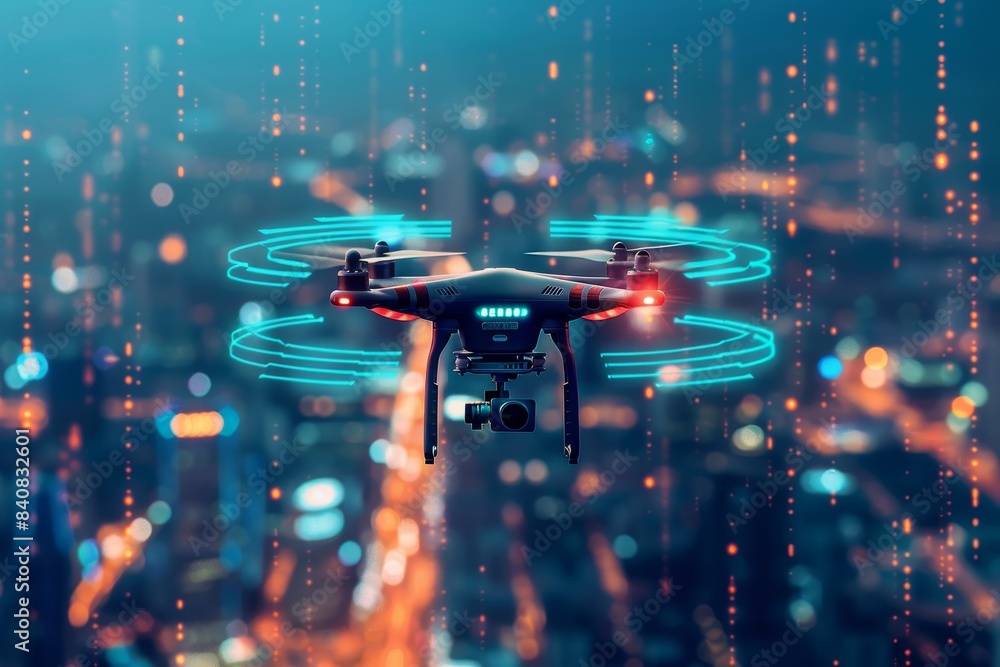 Poster a drone equipped with ai technology capturing aerial images, representing the advanced capabilities 