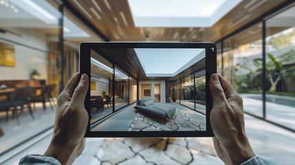 Fototapeta premium Hands holding a tablet with a modern house visible on the screen. This is a virtual tour of the property, allowing you to carefully view all the rooms without leaving your home.