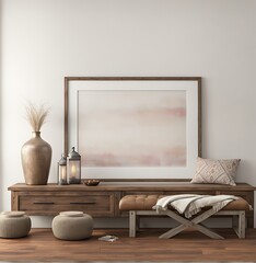 Obraz premium Mockup frame in farmhouse living room interior, 3d render 