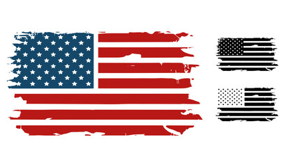 American flag. Distressed flag of the United States of America. Color and black silhouettes set. Vector illustration	