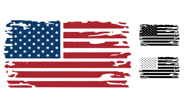 American flag. Distressed flag of the United States of America. Color and black silhouettes set. Vector illustration	