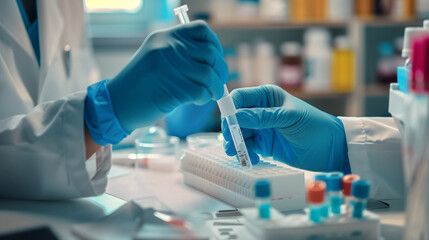 A man wearing surgical gloves inserts a sample into an antigen diagnostic device. Precision and caution are key to ensuring accurate test results.
