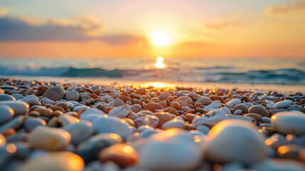 Obraz premium Sunset Glow on Pebbled Beach at Dusk