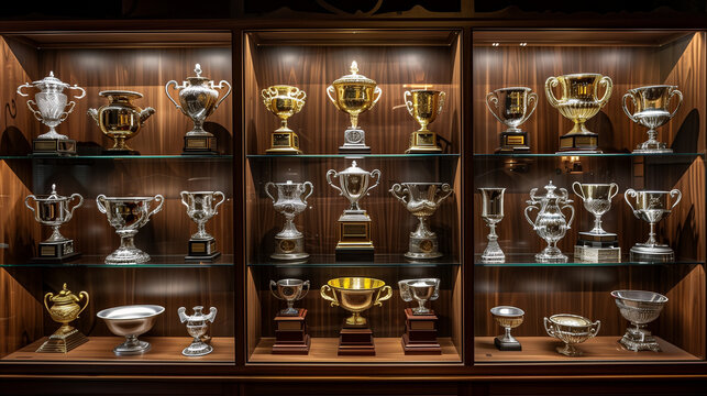 A glass case made of wooden elements, filled with gold and silver trophies. Each one shines, reflecting the successes and achievements they symbolize.