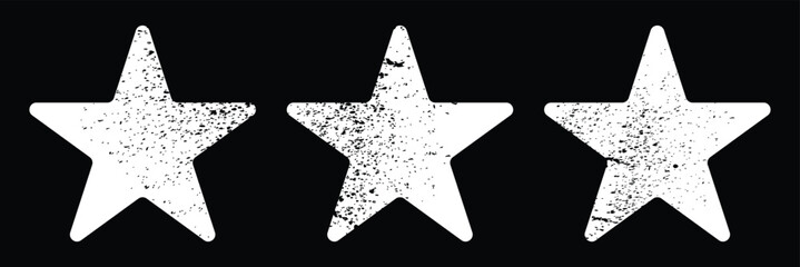 Obraz premium Star icons with grunge texture set. Vintage retro style. Design elements. White silhouette, isolated on black background. Grungy artistic template. Distressed symbol. Paint brush. Vector illustration