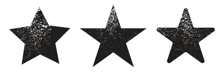  Star icons with grunge texture set. Vintage retro style. Design elements. Black silhouette, isolated on black background. Grungy artistic template. Distressed symbol. Paint brush. Vector illustration