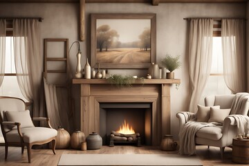 Fototapeta premium Mockup frame in farmhouse living room interior, 3d render 