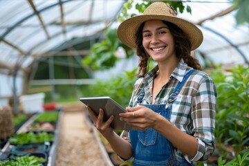 Happy, lady gardening on tablet in greenhouse for agricultural, farming plants, or eco supply chain. Farmers, digital tech, or sustainable business apps for food production, agro growth, or inspection